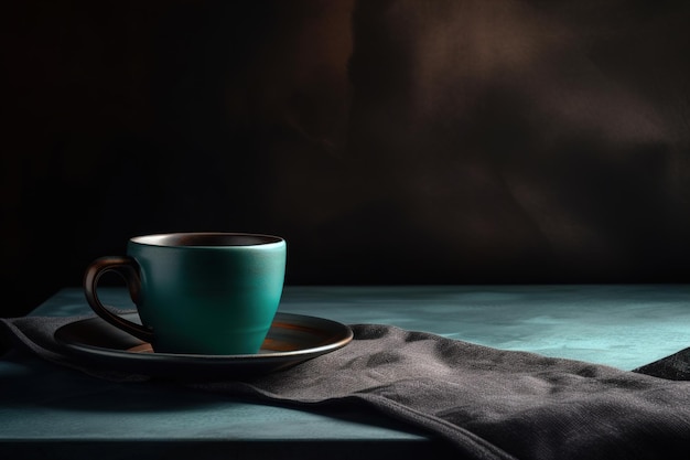 Única xícara de café turquesa em uma mesa IA generativa