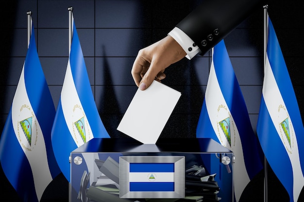 Foto nicaragua kennzeichnet die hand, die die stimmkarte in eine 3d-darstellung des wahlkonzepts für die wahl des kastens fallen lässt