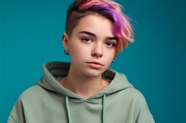 Nicht-binärer erwachsener Teenager jünger auf farbigem Hintergrund Generative KI