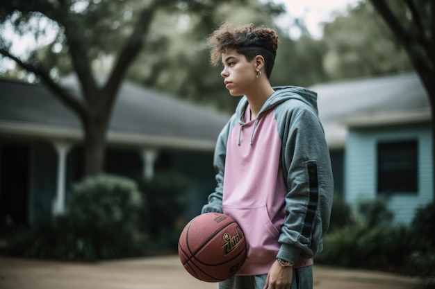 Foto nicht-binärer hispanischer teenager spielt basketball auf der einfahrt. generative ki aig23