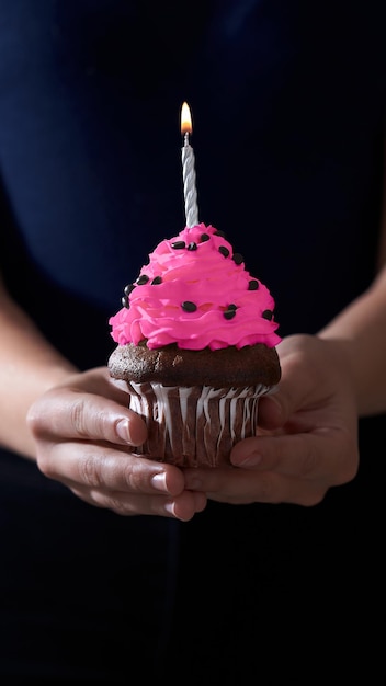 Nicht erkennbare Frau, die an ihrem Geburtstag einen Schokoladenkuchen mit einer Kerze hält