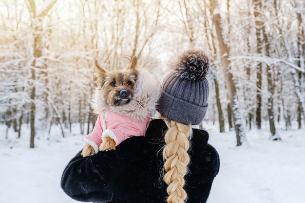 Nicht erkennbare Frau mit Hund, der im Winterpark geht