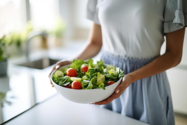 Nicht erkennbare Frauenhände halten eine Schüssel Salat, KI generiert