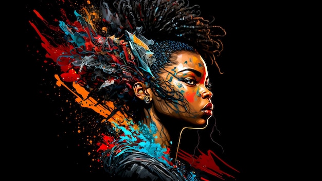 Nicht vorhandenes afroamerikanisches Frauenporträt in gemischten Farbspritzern auf schwarzem Hintergrund neural