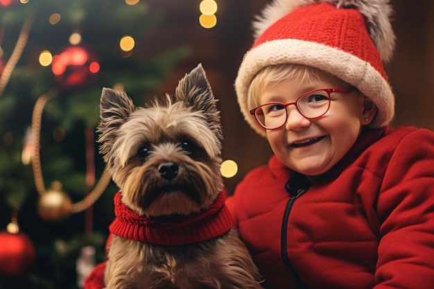 Nicht wiederzuerkennende ältere Frau mit ihrem Hund am Weihnachtsbaum