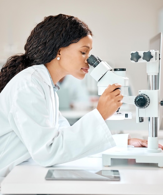 Nichts ist zu klein, um es zu sehen. Aufnahme eines jungen Wissenschaftlers, der ein Mikroskop in einem Labor verwendet.
