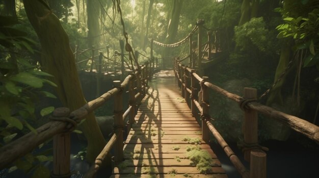 Único caminho de madeira para a floresta de mangue natural brilhante