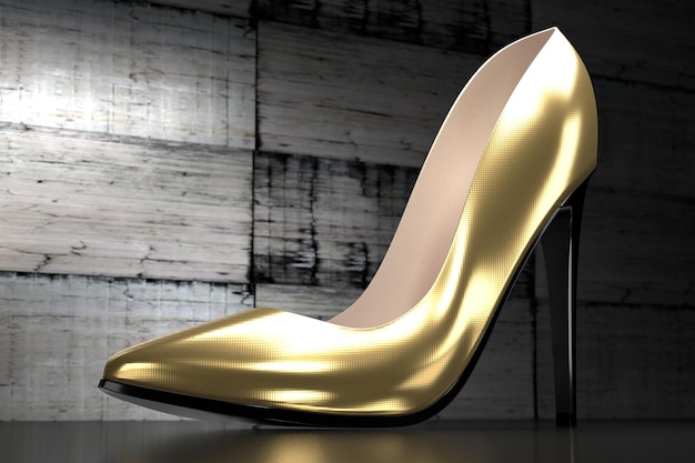 Único sapato de salto alto dourado com fundo de concreto industrial