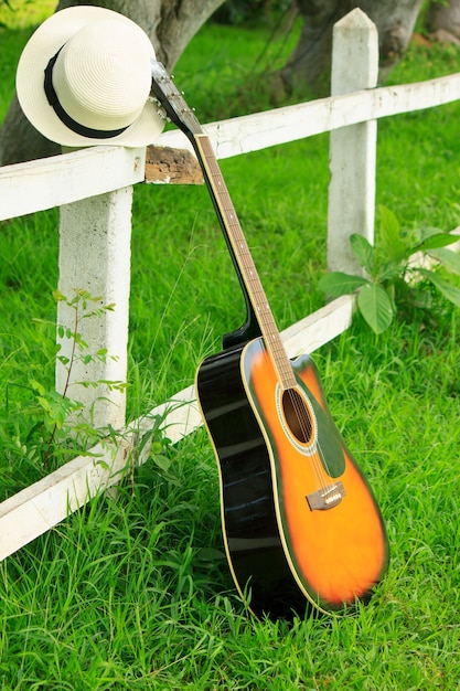 Único violão contra grama verde