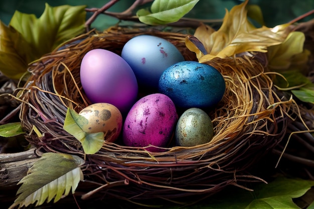 Un nido con coloridos huevos de pascua