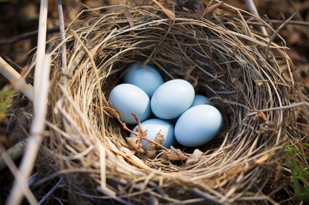 Nido con huevos azules en el primer plano de primavera