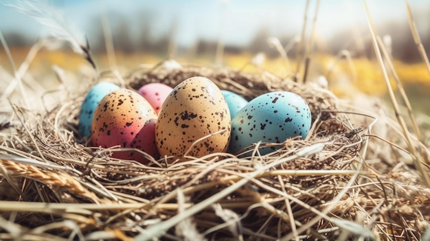 Un nido de huevos coloridos con la palabra pascua