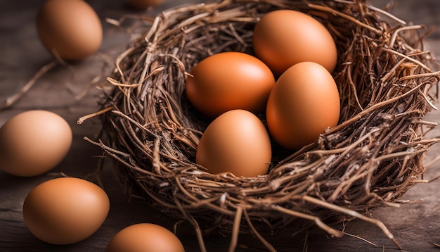 un nido de huevos con fondo de madera y un fondo de madera