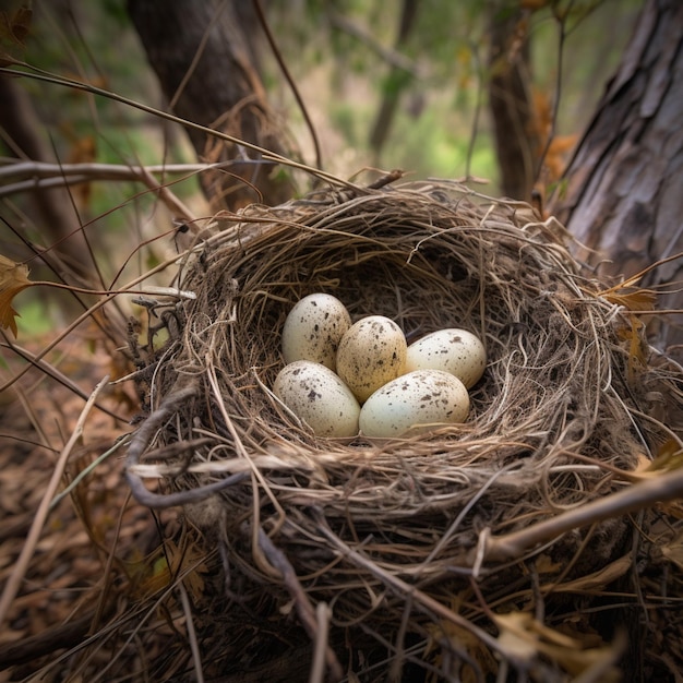 Un nido de huevos de pájaro con la palabra codorniz