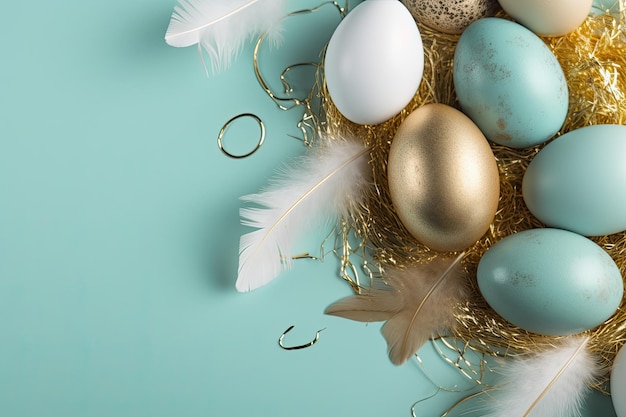 Un nido de huevos de Pascua azul y dorado con plumas doradas y una pluma blanca.