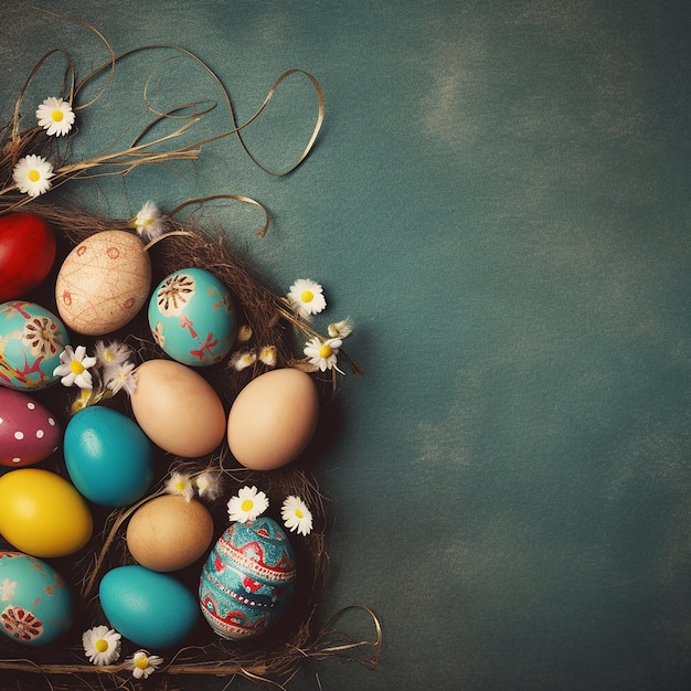 Un nido de huevos de Pascua coloridos decorados con flores contra un fondo oscuro
