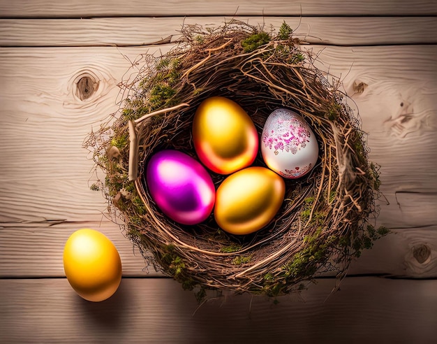 Un nido con huevos de Pascua y un corazón rosa.