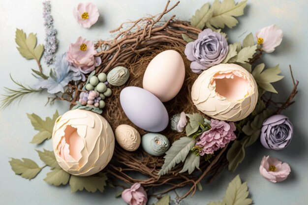 Un nido con huevos de Pascua y flores.