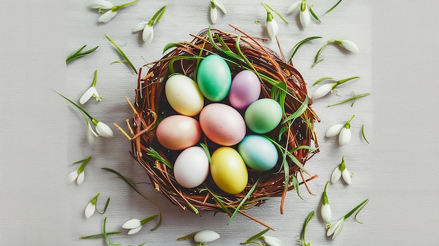 un nido de huevos de Pascua con un fondo de hierba verde