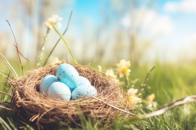 Nido con huevos de pascua en la hierba en un día soleado de primavera