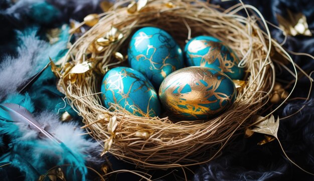 Un nido lleno de huevos de Pascua con patrones de oro y turquesa rodeado de hojas doradas secas