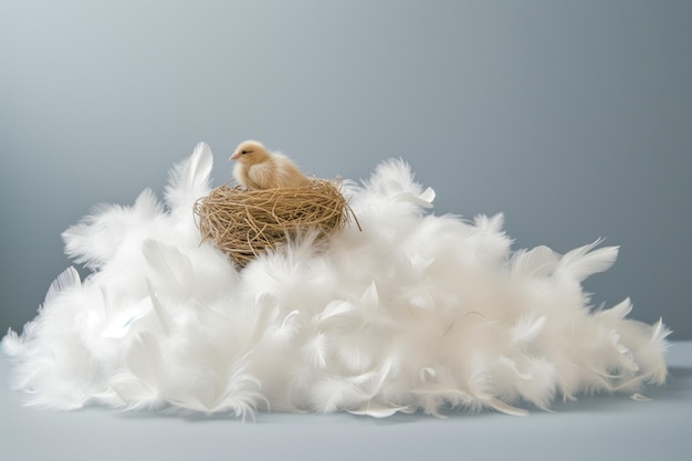 Nido en miniatura en una pila de plumas blancas dispuestas como una nube