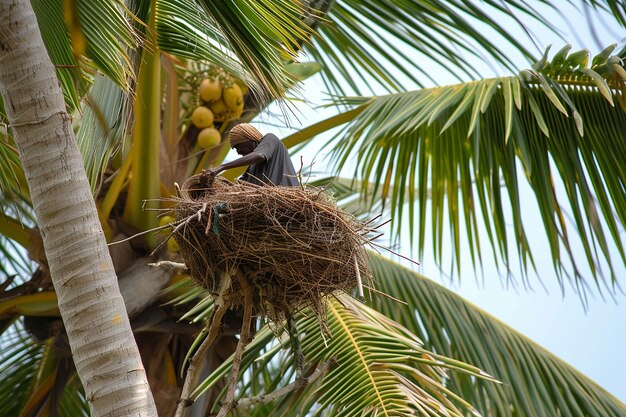 Un nido de pájaro en una palmera con un cielo azul en el fondo