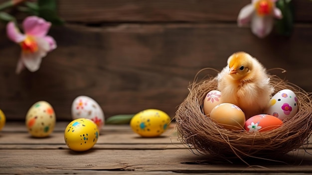 Nido de pájaro pollito y huevos de pascua pintados Profundidad de campo reducida Concepto de feliz día de pascua