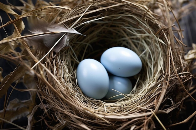 un nido de pájaros con huevos azules.