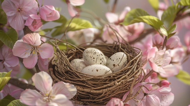 Foto un nido de pájaros lleno de huevos está anidado entre flores rosas