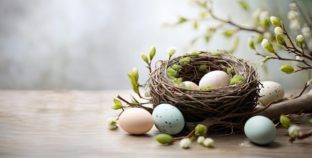 Nido de Pascua tranquilo con huevos pastel y flores