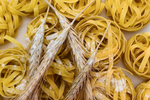 Nido de pasta de trigo duro espolvoreado con harina sobre un fondo blanco Primer plano Espiguillas de trigo Cocina casera Fondo de pasta