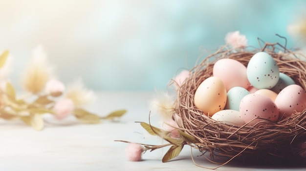 Nidos con huevos de Pascua de codorniz sobre un suave fondo de madera azul