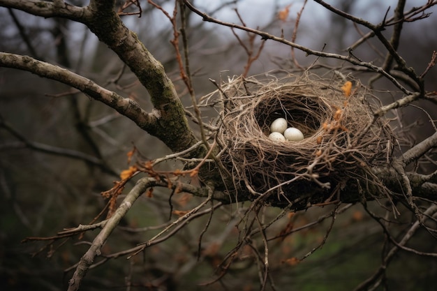 Nidos de pájaros abandonados en la rama de un árbol