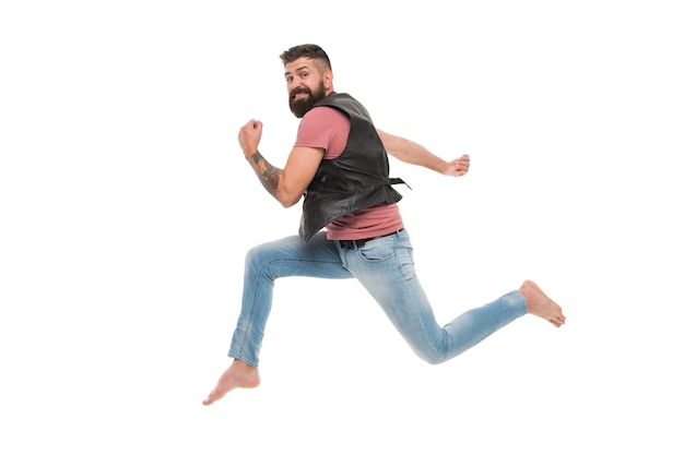 Nie aufhören Man Dieb weglaufen Keep Moving Concept Guy bärtiger Hipster in Laufbewegung isoliert auf weißem Hintergrund gefangen Bärtiger Mann läuft mit hoher Geschwindigkeit Flucht und Ausreißer Laufbewegung