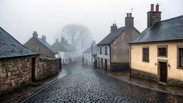 Niebla en las aldeas Un pequeño pueblo rústico envuelto en la niebla de la mañana AI Generar