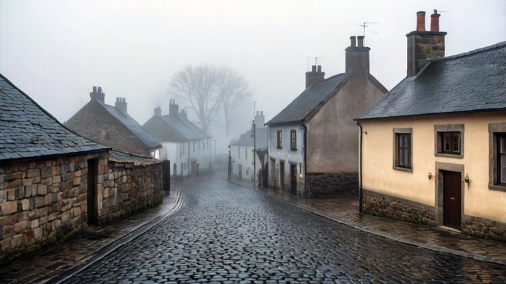 Niebla en las aldeas Un pequeño pueblo rústico envuelto en la niebla de la mañana AI Generar