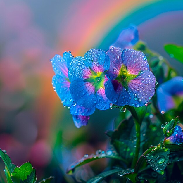 La niebla del arco iris sobre las flores de la mañana