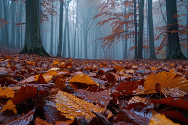 La niebla del bosque por la mañana las hojas rociadas por el rocío