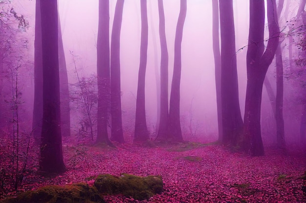 La niebla del bosque matutino se disipa entre los troncos de los árboles creados con IA generativa
