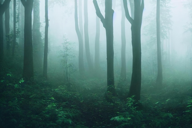 La niebla del bosque matutino se disipa entre los troncos de los árboles creados con IA generativa