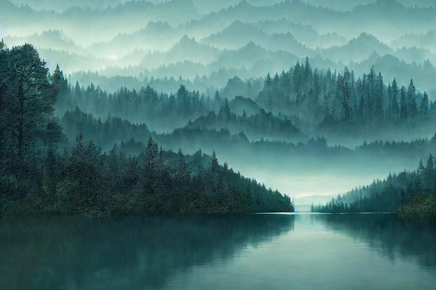 La niebla del bosque matutino se extiende sobre el río