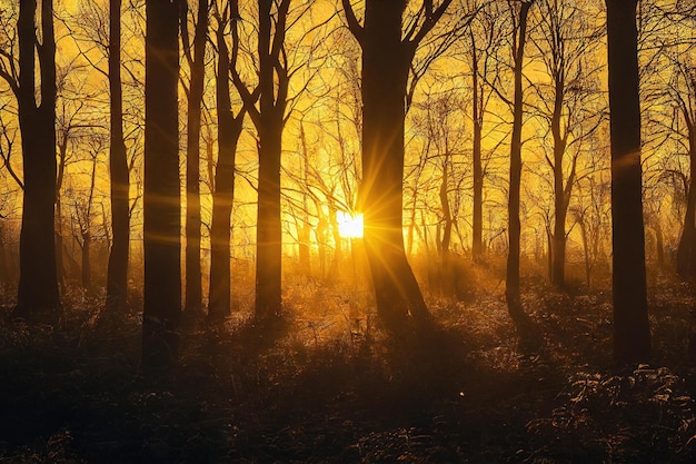 La niebla del bosque matutino entre los troncos de los árboles está iluminada por el sol creado con ai generativo