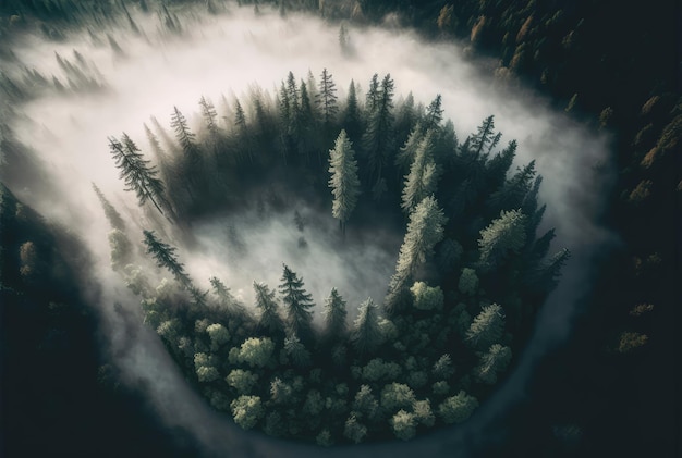 Niebla en bosque vista aérea IA generativa