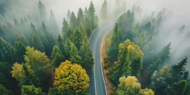 Foto niebla en el bosque vista aérea ia generativa