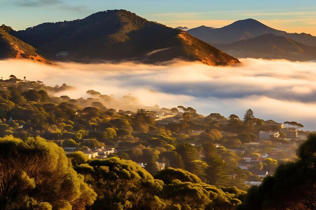 La niebla cae sobre una ciudad costera.