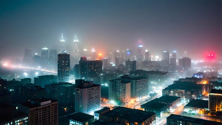 Niebla en las ciudades Un paisaje urbano moderno cubierto por una manta de niebla