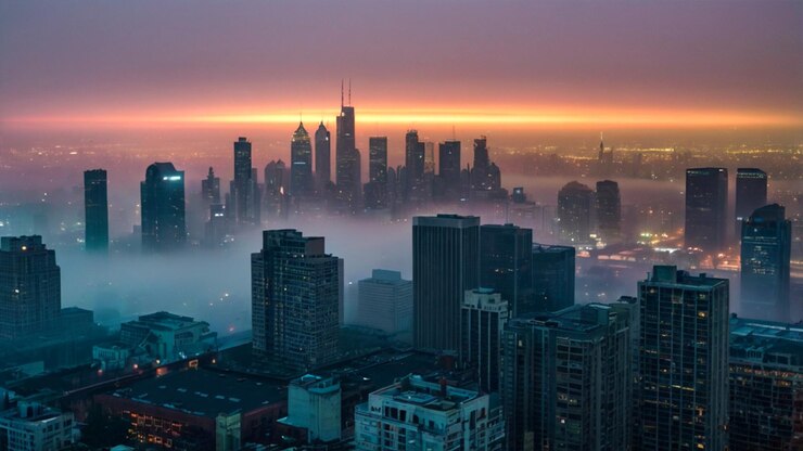 Niebla en las ciudades Un paisaje urbano moderno cubierto por una manta de niebla