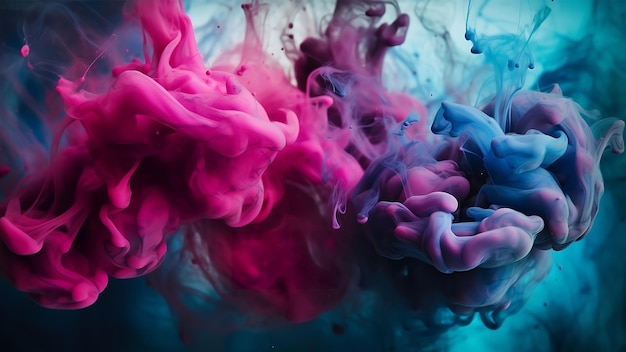 Foto niebla de color azul y rosa efecto de humo de pintura líquida y textura en un fondo de arte abstracto negro