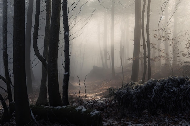 Niebla densa en el bosque de invierno frío sin hojas y nieve blanca en la corteza de los árboles generada por IA